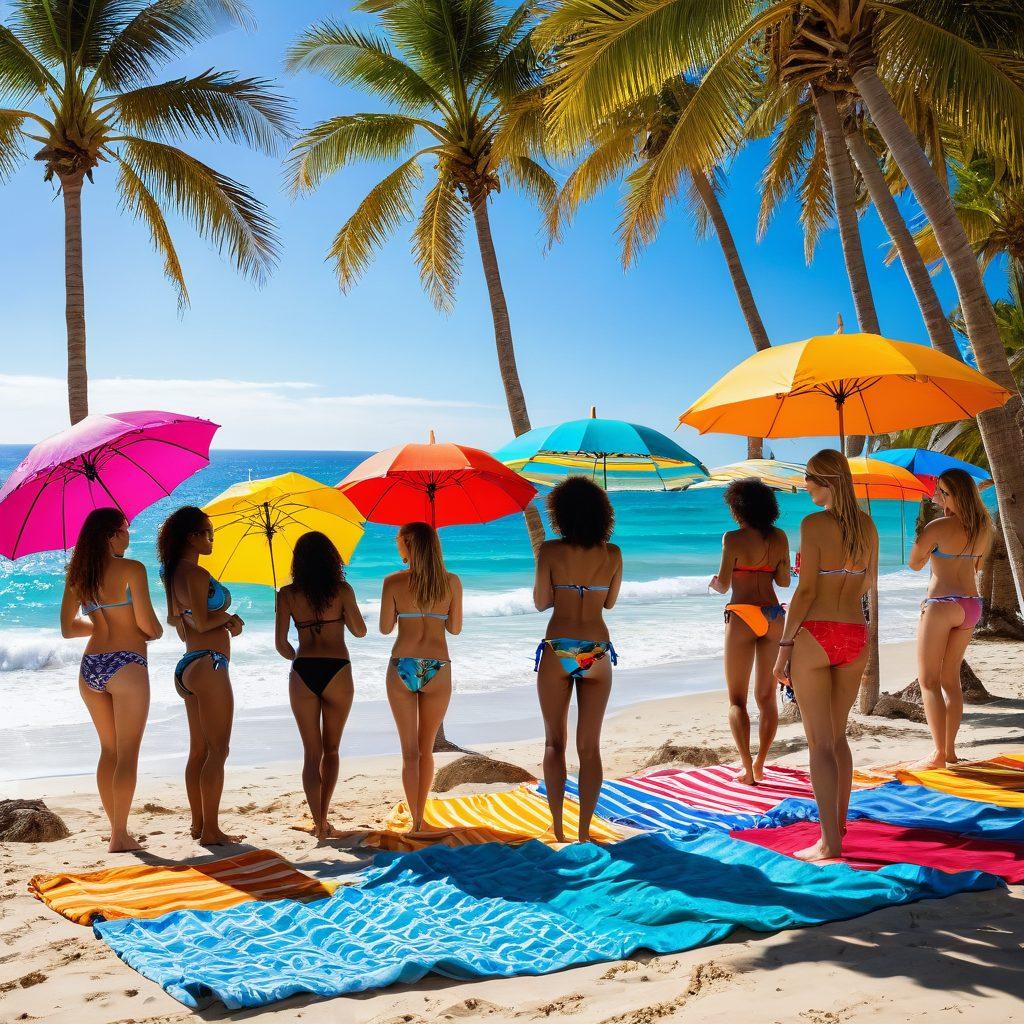 A vibrant summer beach scene showcasing diverse bikini models posing confidently on a sandy shore, with colorful beach towels and umbrellas in the background. Capture a playful atmosphere with sunlight glistening on ocean waves and tropical palm trees swaying. Include amateur photographers capturing candid moments with their cameras, emphasizing the art of beachwear photography. Focus on a bright color palette and dynamic poses. vibrant colors. super-realistic. beach vibes.