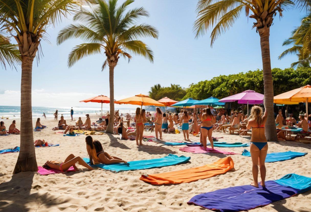 A vibrant beach scene featuring a diverse group of people showcasing various swimwear styles, from bikinis to board shorts, with beach umbrellas and palm trees in the background. Capture joyful moments like beach volleyball and children building sandcastles. Add splashes of colorful beach towels and surfboards, emphasizing a lively summer atmosphere. super-realistic. vibrant colors. sunny day.